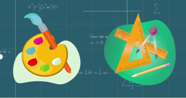 Анімація Геометричного Обладнання Значка Кольорової Палітри Проти Математичних Рівнянь Концепція — стокове відео
