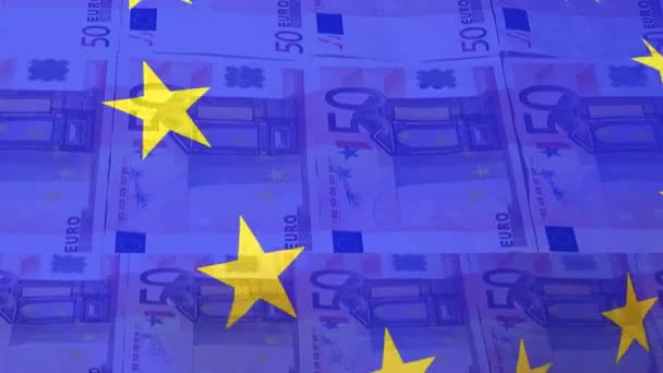 Анимация Размахивания Флагом Против Крупным Планом Банкнот Евро Плавном Порядке — стоковое видео