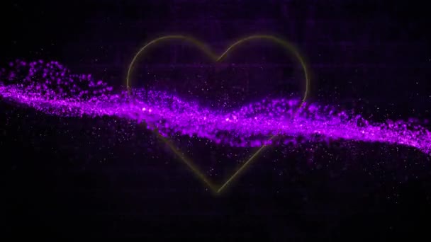 Animation Neon Yellow Heart Icon Purple Glowing Digital Wave Brick — Stock Video
