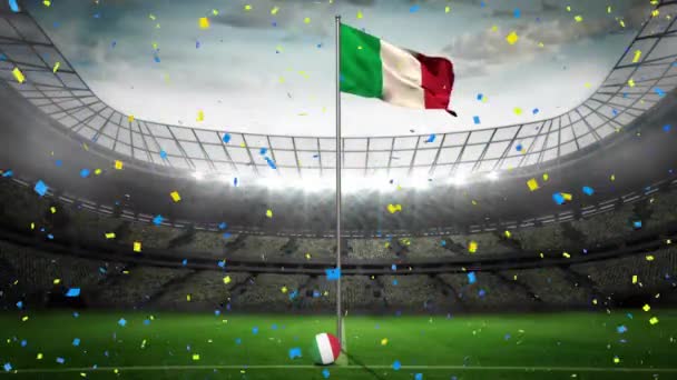 イタリアやスポーツスタジアムの旗の上に落ちる設定のアニメーション グローバルスポーツ お祝いと愛国心の概念 デジタル生成されたビデオ — ストック動画