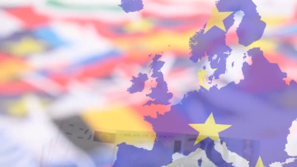Анімація Прапора Мапа Над Європією Прапори Мініатюр Проти Євро Глобальна — стокове відео