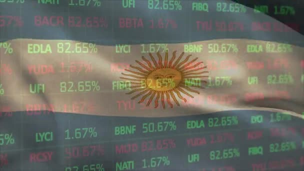 Animation Stock Market Data Processing Waving Argentina Flag Black Background — Stok video
