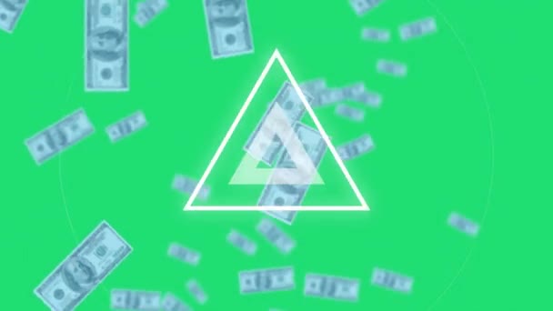 Animación Triángulo Blanco Caída Billetes Sobre Fondo Verde Concepto Abstracto — Vídeos de Stock