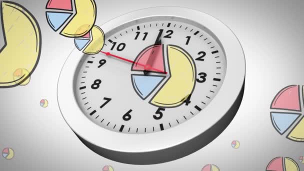 Animação Ícones Gráfico Pizza Multicoloridos Sobre Relógio Analógico Contra Fundo — Vídeo de Stock