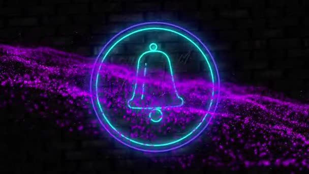 Animation Von Neon Glockensymbol Und Lila Digitaler Welle Vor Backsteinmauer — Stockvideo