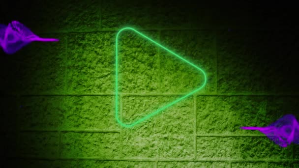 Анимирование Неоновой Зеленой Кнопки Игры Фиолетовой Цифровой Волны Фоне Стены — стоковое видео