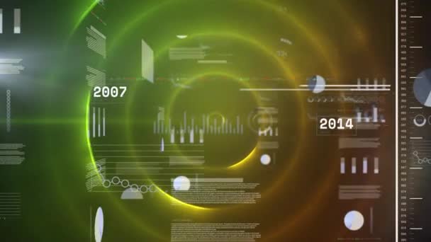 緑色の輝く同心円に対する統計データ処理のアニメーション コンピュータインターフェイスとビジネスデータテクノロジーの概念 — ストック動画