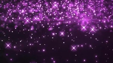 Siyah arka planda ışık noktaları ve pembe yıldızların animasyonu. Parti ve kutlama konsepti, dijital olarak oluşturulmuş video.