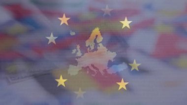 eu bayrağı ve Avrupa ülkelerinin haritasının animasyonu avro faturalarına karşı minyatürleri gösteriyor. Küresel ekonomi ve iş teknolojisi kavramı