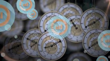 Siyah arkaplanda asılı duran saatin üzerinde daireler çizerek simge canlandırması. Dijital olarak üretilen hologram, illüstrasyon, zaman, rapor, iş, zaman, soyut ve teknoloji kavramı.