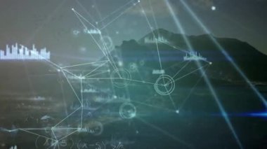 Arazi üzerindeki veri işleme ağıyla bağlantıların animasyonu. Küresel iş ve dijital arayüz kavramı, dijital olarak oluşturulmuş video.