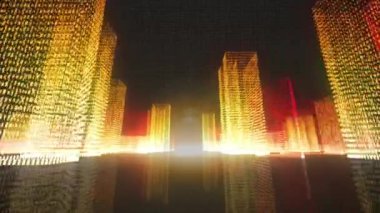 Siyah arka planda dijital şehrin animasyonu. Sosyal medya ve dijital arayüz kavramı, dijital olarak oluşturulmuş video.