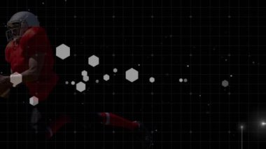 Kafkas erkek rugby oyuncusunun altıgen şekillere ve ışık yollarına karşı topu tutuşu. Spor ve spor teknolji konsepti