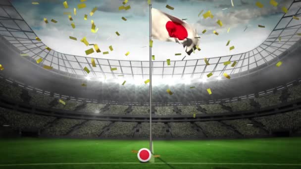 Animación Confettig Cayendo Sobre Bandera Japón Estadio Deportivo Deporte Global — Vídeo de stock