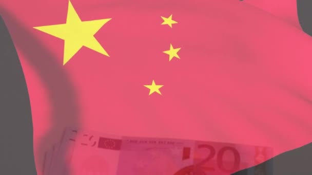 Animação Acenar Bandeira Chinesa Contra Notas Euro Superfície Branca Conceito — Vídeo de Stock