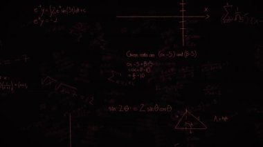 Matematiksel denklemlerin animasyonu, formüller ve simgeler siyah arkaplana karşı yüzüyor. Okul ve eğitim kavramı