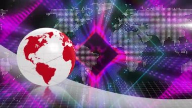 Dönen dünya ve dünya haritasına karşı kusursuz desenli neon tünelin animasyonu. Küresel ağ ve iş teknolojisi kavramı