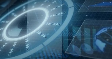 Akıllı telefondan konuşan adama karşı yuvarlak tarayıcı ve istatistiksel veri işleme animasyonu. Bilgisayar arayüzü ve iş teknolojisi kavramı