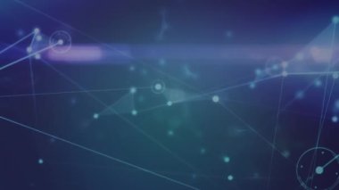 Animation of network of connections and light trails against blue background. Global networking and business technology concept