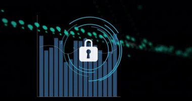 Siyah arkaplana karşı güvenlik asma kilidi simgesi ve istatistiksel veri işleme animasyonu. Siber güvenlik ve iş veri teknolojisi kavramı