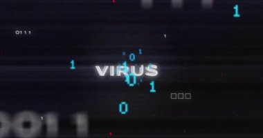 Virüs metninin çevresindeki devre kartı desenleri üzerinde ikili kodların animasyonu siyah arkaplana karşı. Dijital olarak üretilmiş, hologram, illüstrasyon, enfeksiyon, kodlama ve teknoloji konsepti.