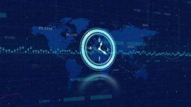 Mavi arkaplandaki dünya haritasıyla finansal veri işleme sistemi üzerindeki neon saatlerin animasyonu. Küresel finans ve iş teknolojisi kavramı