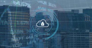 Yüksek binaya karşı güvenlik kilidi ikonu, finansal ve borsa veri işleme animasyonu. Küresel ekonomi ve siber güvenlik teknolojisi kavramı