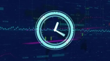Animation of neon ticking clock over financial data processing against blue background. Global finance and business technology concept