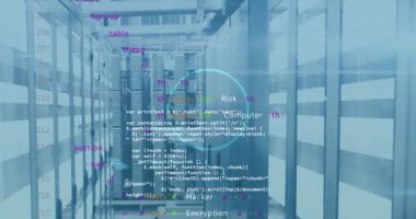 Yuvarlak şekilli, pürüzsüz şablon ve bilgisayar parçalama odasına karşı veri işleme animasyonu. Bilgisayar arayüzü ve iş veri depolama teknolojisi kavramı