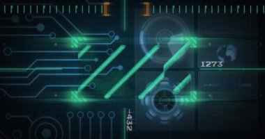 Devre kartı şablonu, sonar, radar ve küredeki çizgilerin soyut arkaplan üzerindeki animasyonu. Dijital olarak üretilmiş, hologram, illüstrasyon, küreselleşme, sonar, güç arzı ve teknoloji.