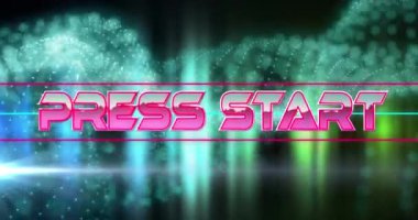 Basın animasyonu renkli ışık izlerine karşı metin pankartı ve dijital dalgayı başlatır. Video oyunu arayüzü teknolojisi kavramı