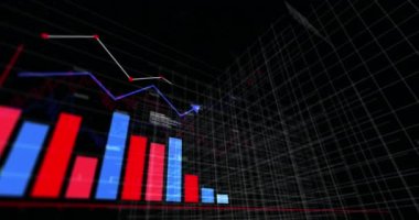 Aşağı doğru hareket eden ok simgelerinin canlandırılması ve siyah arkaplana karşı istatistiksel veri işleme. Bilgisayar arayüzü ve iş veri teknolojisi kavramı