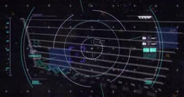 Siyah zemin üzerinde istatistiksel veri işleme üzerinde ışık izlerinin animasyonu ve kapsam taraması. Bilgisayar arayüzü ve iş veri teknolojisi kavramı