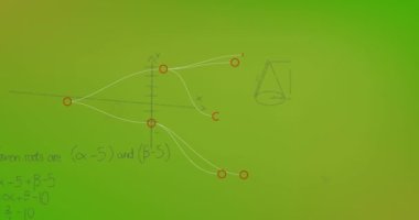 Noktaları birleştirme animasyonu ve yeşil arka planda yüzen matematiksel denklemler. Okul ve eğitim teknolojisi kavramı