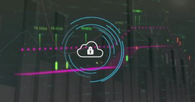 Gri arkaplanda istatistiksel ve finansal veri işleme üzerine güvenlik asma kilidi simgesinin animasyonu. Küresel ekonomi ve siber güvenlik teknolojisi kavramı