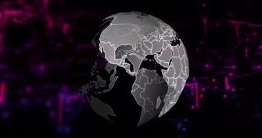 Siyah arka planda piksel bağlantılı noktalar üzerinde dönen dünyanın animasyonu. Dijital olarak üretilmiş, hologram, illüstrasyon, aydınlanma, küreselleşme, iletişim ve teknoloji kavramı.