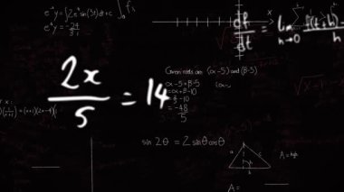 Matematiksel denklemlerin, formüllerin ve diyagramların animasyonu siyah arkaplana karşı yüzüyor. Okul ve eğitim kavramı