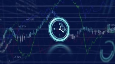 Mavi arka planda finansal ve borsa veri işleme üzerinde neon saatlerin çalışmasının animasyonu. Küresel finans ve iş teknolojisi kavramı