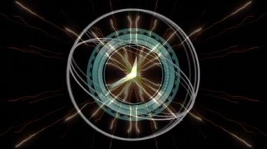 Neon saat üzerinde dönen soyut şekillerin canlandırılması ve siyah arkaplanda ışık izleri. Bilgisayar arayüzü ve iş teknolojisi kavramı