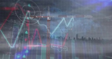 İnşaat alanı ve şehir manzarasına karşı istatistiksel ve borsa veri işleme animasyonu. Küresel ekonomi ve iş teknolojisi kavramı