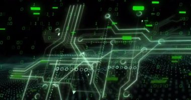 Siyah arkaplana karşı oklar, parmaklıklar ve ikili kodların üzerindeki devre kartı desenlerinin animasyonu. Dijital olarak üretilmiş, hologram, illüstrasyon, güç kaynağı, kodlama ve teknoloji kavramı.