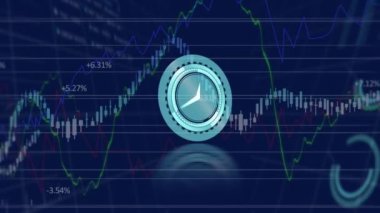Mavi arka planda finansal ve borsa veri işleme üzerinde neon saatlerin çalışmasının animasyonu. Küresel finans ve iş teknolojisi kavramı