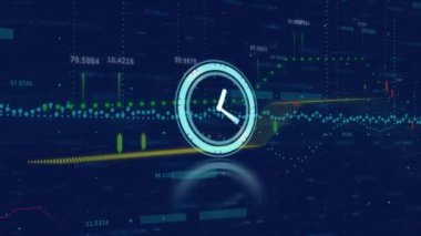 Animation of neon ticking clock over financial data processing against blue background. Global finance and business technology concept