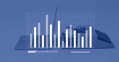 Bilgisayarın ve daktilonun yakın görüntüsüne karşı istatistiksel veri işleme animasyonu. Bilgisayar arayüzü ve iş veri teknolojisi kavramı