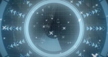 Yuvarlak tarayıcı, mikro işlemci bağlantıları ve yürüyen merdiven üzerinde finansal veri işleme animasyonları. Küresel finans ve iş teknolojisi kavramı