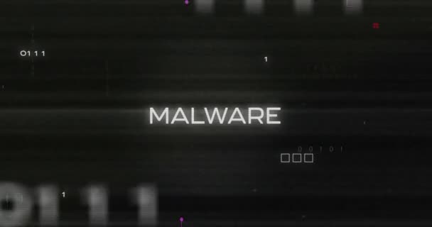バイナリコードと黒の背景に対するコンピュータ言語上のマルウェアテキストのアニメーション デジタル生成 ホログラム イラスト コンピュータウイルス コーディングとテクノロジーの概念 — ストック動画