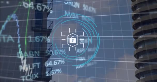 Animatie Van Veiligheid Hangslot Pictogram Financiële Aandelenmarkt Gegevensverwerking Tegen Hoog — Stockvideo