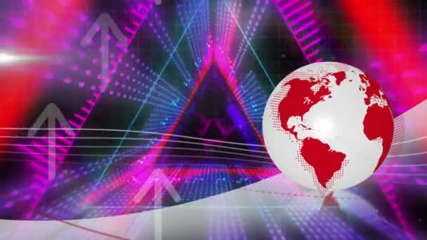 在旋转的地球仪和箭头图标上 以无缝图案动画的霓虹灯三角形形状 全球联网和商业技术概念 — 图库视频影像