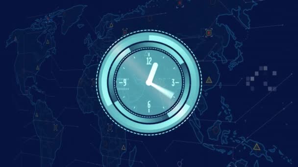 Animación Del Reloj Neón Sobre Mapa Del Mundo Procesamiento Datos — Vídeo de stock