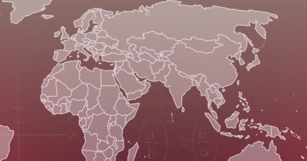 Matematiksel Denklemlerin Dünya Haritası Üzerinden Mor Gradyan Arkaplana Karşı Animasyonu — Stok video